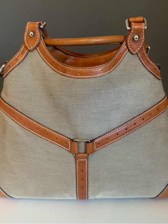 GUCCI GG Rains Hobo Canvas Leather Beige Blue Stripe Jackie Silver Hardware Rein - Picture 3 of 12